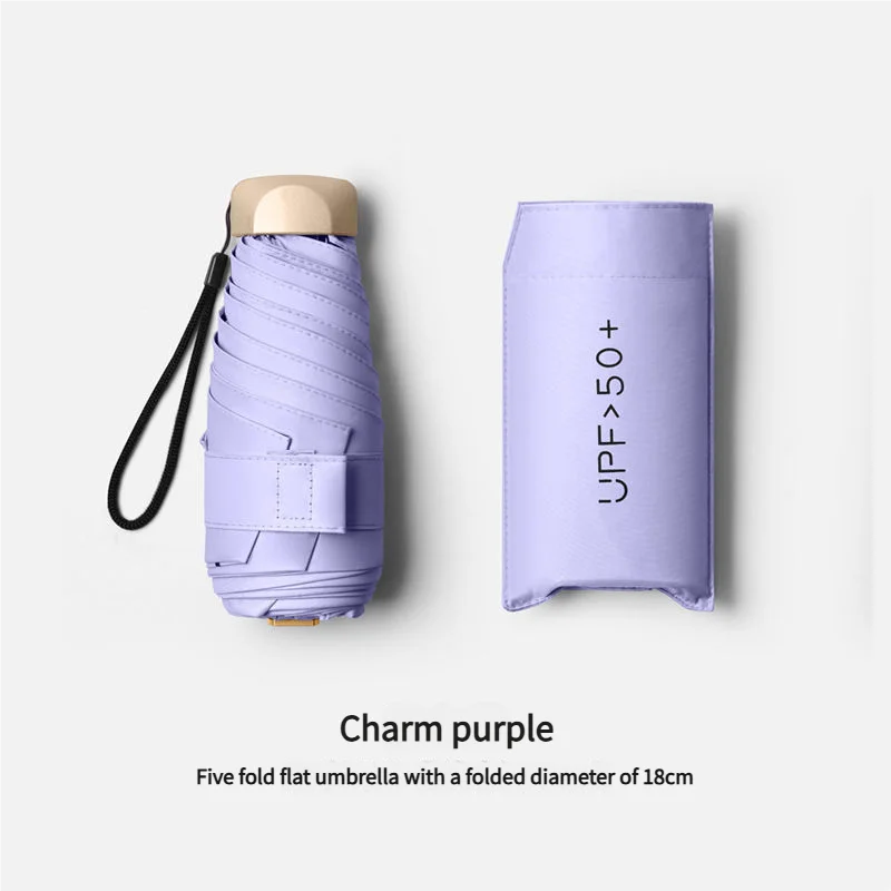 UPF50+ Mini Flat 5-Fold Umbrella, Portable Pocket UV Protection Sun & Rain Umbrella for Women
